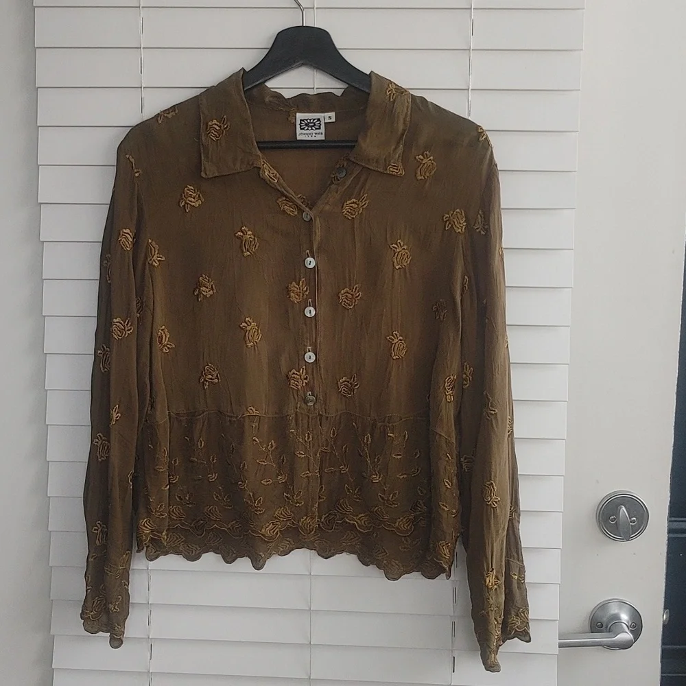 JOHNNY WAS Olive Green ROSES Embroidered Top - Picture 7 of 8